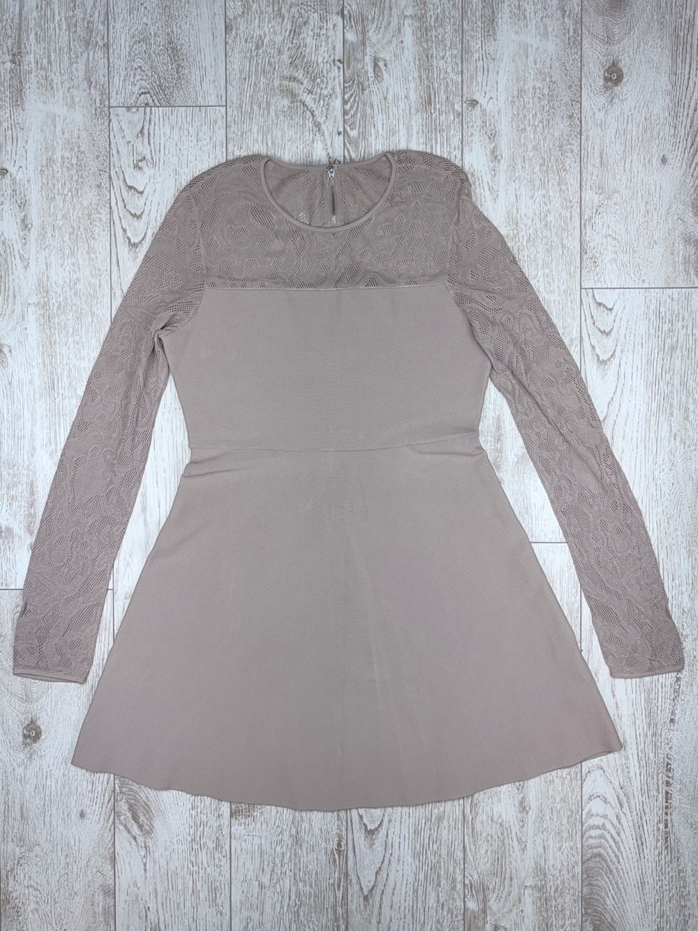 BCBGMAXAZRIA Size L Taupe Lace-Sleeve Fit-and-Flare Dress